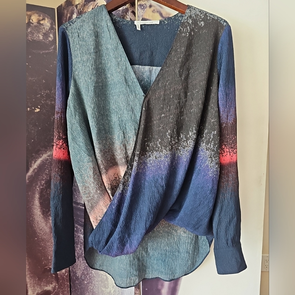 10 Crosby DEREK LAM Women's Faux Wrap V Neck Long Sleeve Gauze Hi Low Tunic sz 0